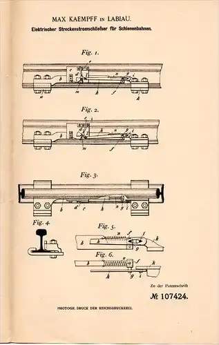 Original Patentschrift - M. Kaempff in Labiau i. Ostpreussen , 1899 , Eisenbahn - Stromschließer , Gleis , Schiene !!!