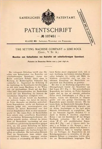 Original Patentschrift - Tire Setting Machine Comp. in Lime Rock , 1898 , Machine for mounting of tires , Connecticut !!