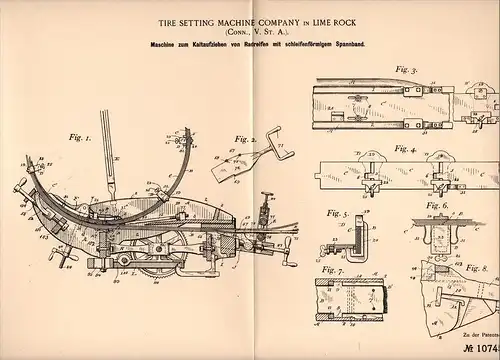 Original Patentschrift - Tire Setting Machine Comp. in Lime Rock , 1898 , Machine for mounting of tires , Connecticut !!