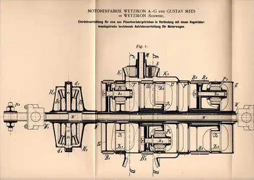 Original Patentschrift - G. Mees in Wetzikon , 1898 , Einrücker für Motorwagen , Automobile , Motorenfabrik !!!