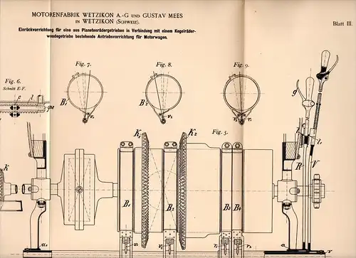 Original Patentschrift - G. Mees in Wetzikon , 1898 , Einrücker für Motorwagen , Automobile , Motorenfabrik !!!