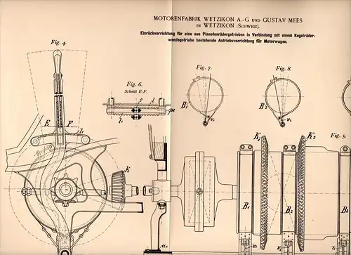 Original Patentschrift - G. Mees in Wetzikon , 1898 , Einrücker für Motorwagen , Automobile , Motorenfabrik !!!