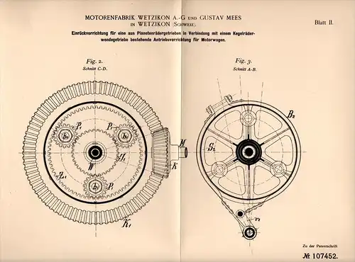 Original Patentschrift - G. Mees in Wetzikon , 1898 , Einrücker für Motorwagen , Automobile , Motorenfabrik !!!