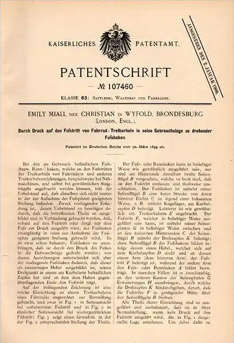 Original Patentschrift - E. Miall in Wyfold , Brondesbury , 1899 , Crank for bicycle pedal , London !!!