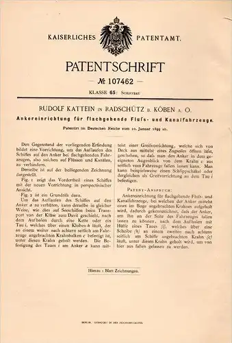 Original Patentschrift - R. Kattein in Radschütz b. Köben a.O., 1899 . Anker für Boot , Schiff , Schiffbau !!!