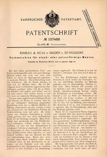 Original Patentschrift - Kirberg & Hüls in Hilden b. Düsseldorf , 1899 , Packmaschine für Pulver , Staub , Verpackung !!