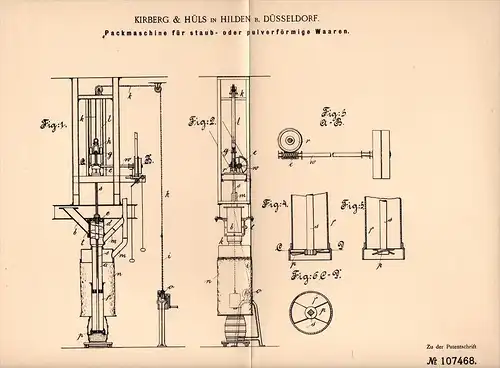 Original Patentschrift - Kirberg & Hüls in Hilden b. Düsseldorf , 1899 , Packmaschine für Pulver , Staub , Verpackung !!