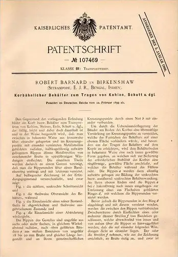 Original Patentschrift -R. Barnard in Birkenshaw , 1899 , Basket for carrying coal and debris , India , Indien !!!
