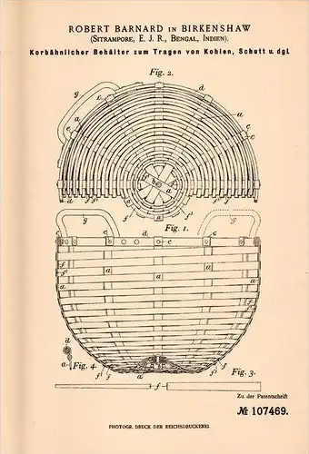 Original Patentschrift -R. Barnard in Birkenshaw , 1899 , Basket for carrying coal and debris , India , Indien !!!