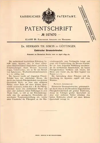 Original Patentschrift - Dr. H. Simon in Göttingen , 1899 , elektrischer Stromunterbrecher , Elektriker , Elektrik !!!