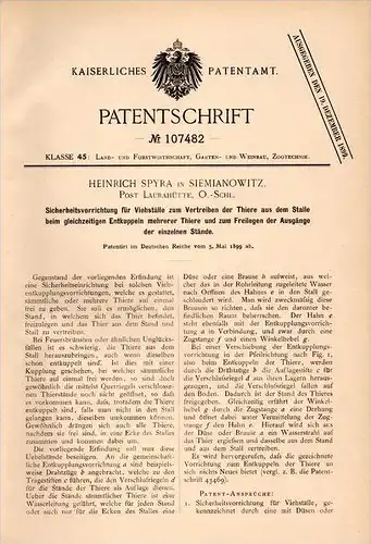 Original Patentschrift -H. Spyra in Siemianowitz / Kattowitz , Schl.,1899,Apparat für Viehstall , Viehzucht , Laurahütte