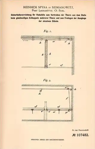 Original Patentschrift -H. Spyra in Siemianowitz / Kattowitz , Schl.,1899,Apparat für Viehstall , Viehzucht , Laurahütte