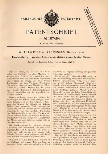 Original Patentschrift - W. Piper in Schöningen , 1898 , Rundsichter für Mühle , Bäckerei , Müllerei , Braunschweig !!!