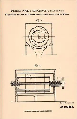 Original Patentschrift - W. Piper in Schöningen , 1898 , Rundsichter für Mühle , Bäckerei , Müllerei , Braunschweig !!!