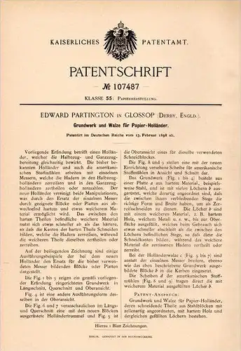 Original Patentschrift - E. Partington in Glossop , Derby , 1898 , Roller for paper machine, paper mill !!!
