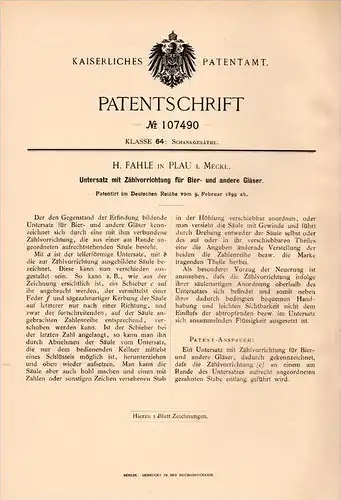 Original Patentschrift - H. Fahle in Plau i. Meckl. , 1899 , Zählapparat für Bier , Kneipe , Bar , Bierglas !!!