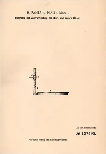 Original Patentschrift - H. Fahle in Plau i. Meckl. , 1899 , Zählapparat für Bier , Kneipe , Bar , Bierglas !!!