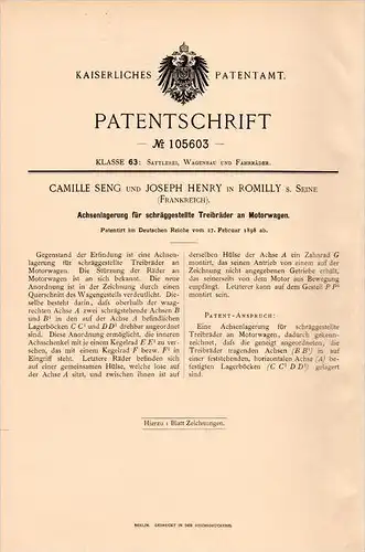 Original Patentschrift -C. Seng à Romilly sur Seine ,1898,Paliers d'essieu des roues des véhicules à moteur , automobile