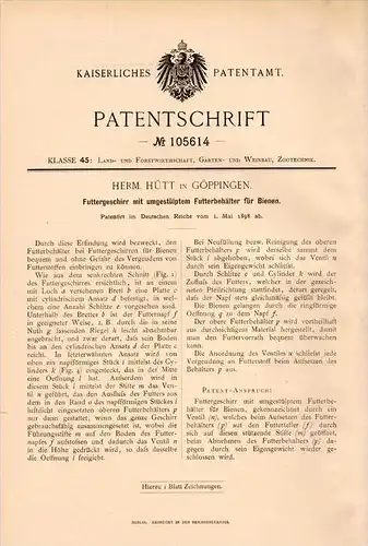 Original Patentschrift - H. Hütt in Göppingen , 1898 , Bienen - Futtergeschirr , Imker , Imkerei , Biene , Honig !!!