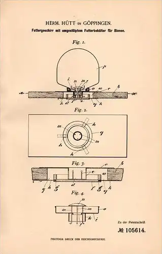 Original Patentschrift - H. Hütt in Göppingen , 1898 , Bienen - Futtergeschirr , Imker , Imkerei , Biene , Honig !!!