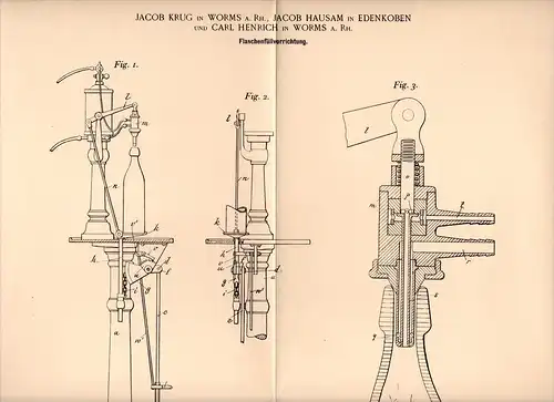 Original Patentschrift -J. Krug und J. Hausam in Edenkoben und Worms , 1898 , Flaschen - Füllapparat , Brauerei , Kneipe