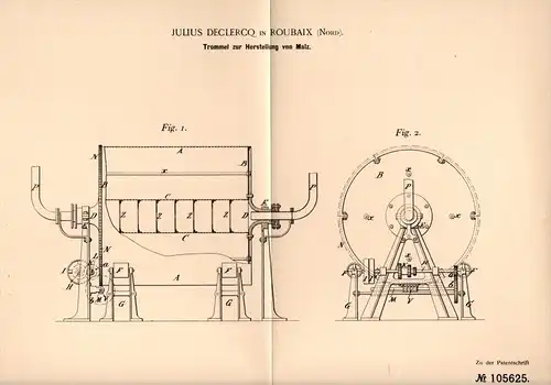 Original Patentschrift - J. Declercq in Roubaix ,1898 ,Dispositif pour la production de malt, brasserie, bière, alcool !