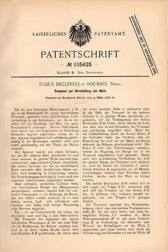 Original Patentschrift - J. Declercq in Roubaix ,1898 ,Dispositif pour la production de malt, brasserie, bière, alcool !