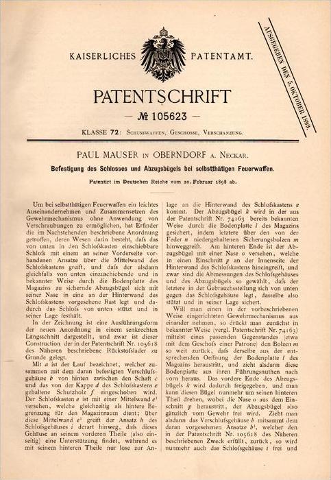 Original Patentschrift Paul Mauser In Oberndorf A N Abzug