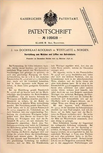 Original Patentschrift - J. ten Doornkaat - Koolman in Westgate b. Norden , 1898 , Getreide - Trockner , Brauerei , Bier
