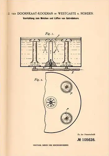 Original Patentschrift - J. ten Doornkaat - Koolman in Westgate b. Norden , 1898 , Getreide - Trockner , Brauerei , Bier