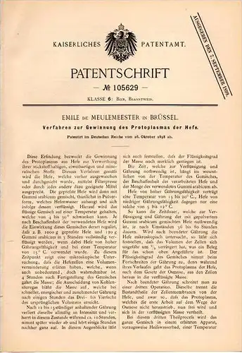 Original Patentschrift - Emile de Meulemeester in Brüssel , 1898 , Gewinnung von Protoplasma der Hefe , Plasma , Bier !!