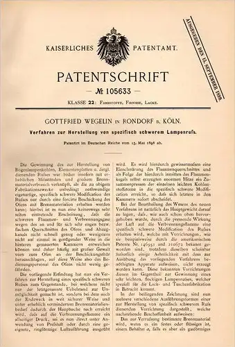 Original Patentschrift - G. Wegelin in Rondorf b. Köln , 1898 , Herstellung von schwerem Lampenruß , Lampe !!!