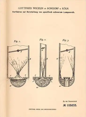 Original Patentschrift - G. Wegelin in Rondorf b. Köln , 1898 , Herstellung von schwerem Lampenruß , Lampe !!!