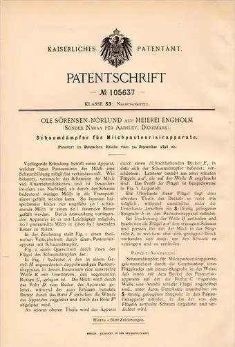 Original Patentschrift -O. Sörensen - Nörlund , Meierei Engholm ,1898, Milch Pasteurisierapparat, Sönder Näraa , Aarslev