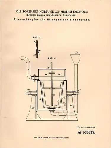 Original Patentschrift -O. Sörensen - Nörlund , Meierei Engholm ,1898, Milch Pasteurisierapparat, Sönder Näraa , Aarslev