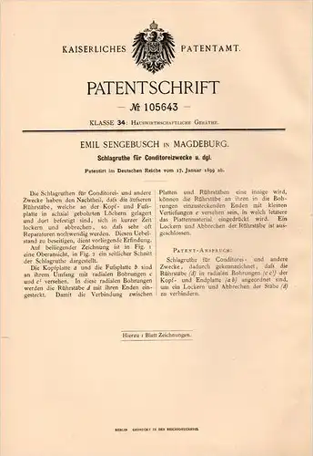 Original Patentschrift - E. Sengebusch in Magdeburg , 1899 , Schlagrute für Conditorei , Konditor , Bäckerei , Bäcker !!