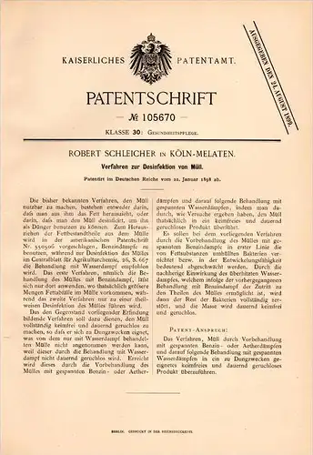 Original Patentschrift - R. Schleicher in Köln - Melaten , 1898 , Desinfektion von Müll , Müllabfuhr !!!