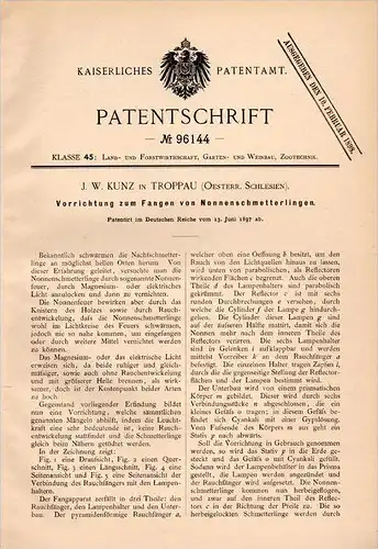 Original Patentschrift - J. Kunz in Troppau / Opava , 1897 , Fangapparat für Schmetterlinge , Schmetterling !!!