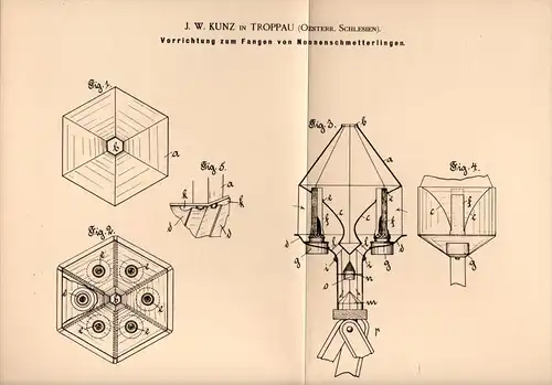 Original Patentschrift - J. Kunz in Troppau / Opava , 1897 , Fangapparat für Schmetterlinge , Schmetterling !!!