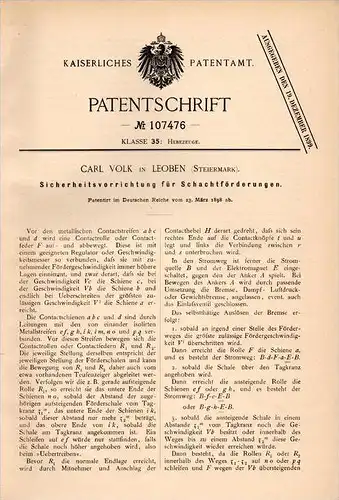 Original Patentschrift - Carl Volk in Leoben , Steiermark , 1898 , Sicherheitsapparat für Schachtförderung , Bergbau !!!