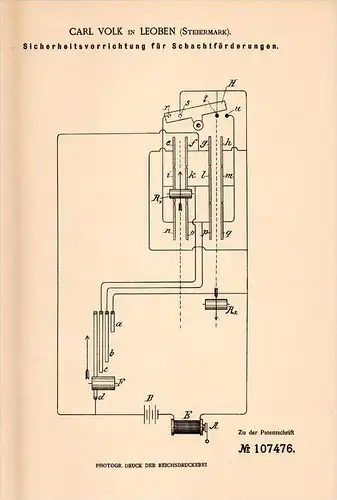 Original Patentschrift - Carl Volk in Leoben , Steiermark , 1898 , Sicherheitsapparat für Schachtförderung , Bergbau !!!