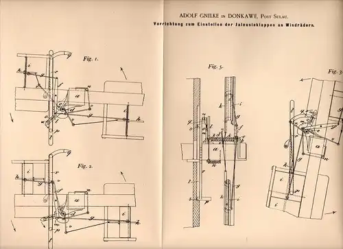 Original Patentschrift - A. Gnilke in Donkawe , Post Sulau , 1897 , Apparat für Windrad , Windräder , Windmühle !!!