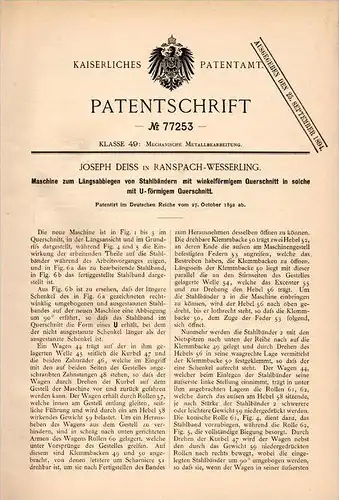 Original Patentschrift - J. Deiss in Ranspach - Wesserling , 1892 , Machine pour bandes d´acier !!!