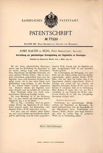 Original Patentschrift - J. Martin in Bühl b. Immenstadt , 1894 , Handsäge , Säge , Forst , Wald , Sägewerk , Tischlerei