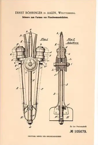 Original Patentschrift - E. Böhringer in Aalen , Württ., 1898 , Apparat für Flaschen - Mundstücke , Flasche , Glas !!!