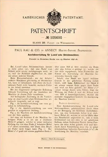 Original Patentschrift - P. Rau & Co in Annecy , Haute Savoie , 1898 , Dispositif pour machine à tricoter !!!