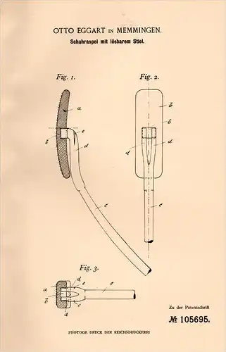Original Patentschrift - O. Eggart in Memmingen , 1898 , Raspel für Schuhe , Schuh , Schuster , Schuhmacher !!!