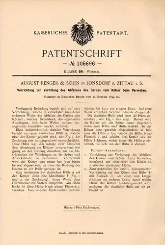 Original Patentschrift - A. Renger & Sohn in Johnsdorf / Janov ,1899, Apparat für Weberei , Webstuhl , Weber , Zittau !!