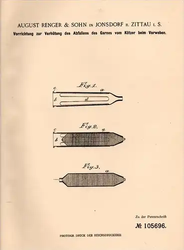 Original Patentschrift - A. Renger & Sohn in Johnsdorf / Janov ,1899, Apparat für Weberei , Webstuhl , Weber , Zittau !!