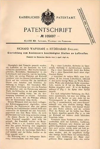 Original Patentschrift - R. Wapshare in Hyderabad , 1898, Repair of tires for bicycle, motorcycle , car , India , Indien